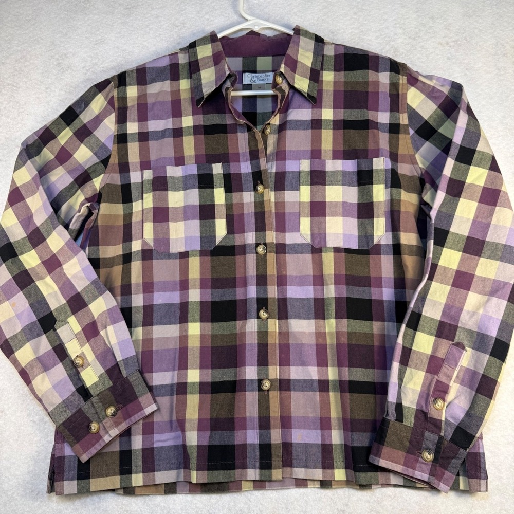 Plaid Button Down Shirt Womens Medium Purple Yellow Cotton Christopher Banks